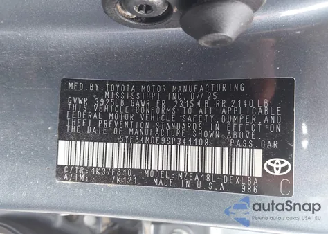 2025 Toyota Corolla Le из США, поврежденный, VIN 5YFB4MDE9SP341108